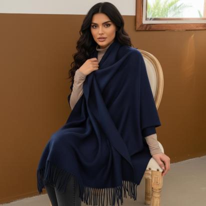 Navy Blue Blanket Shawl - Thick Wide Scarf - Pashmina Super Soft Wrap
