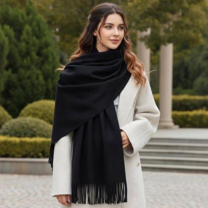 Black Blanket Shawl - Thick Cashmere Wool Blend - Super Soft Wrap
