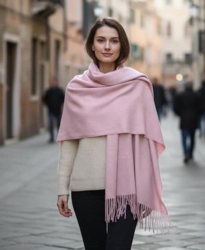 Pink Blanket Shawl - Thick Cashmere Wool Blend - Super Soft Wrap