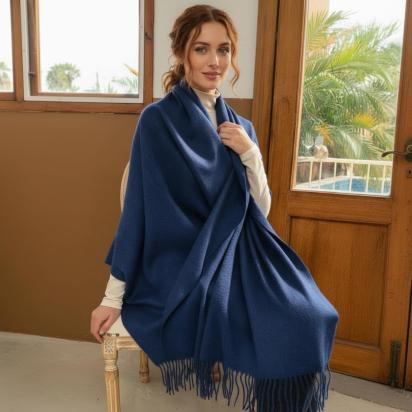 Navy Blanket Shawl - Thick Cashmere Wool Blend - Super Soft Wrap