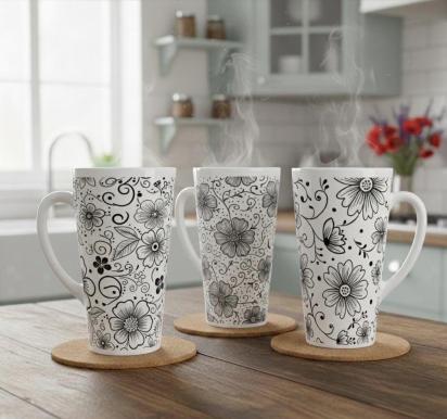 Set of 3 Cups, Floral, 17oz Latte Ceramic Mugs Set - Extra Tall Cup Set