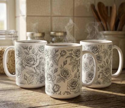 Set of Big Mugs, Floral Cup Set, Large 15 oz Matching Cups
