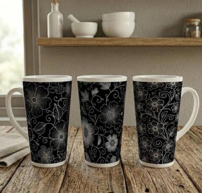 Set of 3 Cups, Floral, 17oz Latte Ceramic Mugs Set - Extra Tall Cup Set