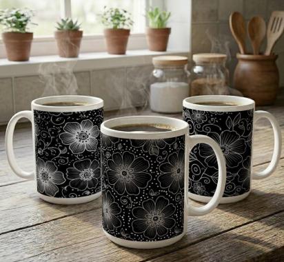 Set of Big Mugs, Floral Cup Set, Large 15 oz Matching Cups