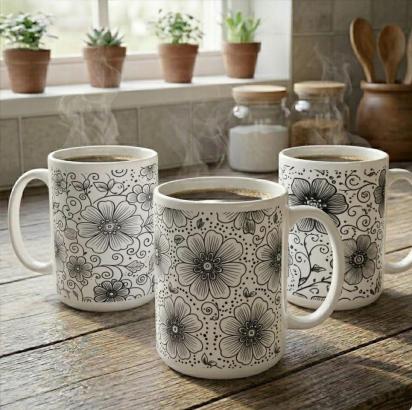 Set of Big Mugs, Floral Cup Set, Large 15 oz Matching Cups