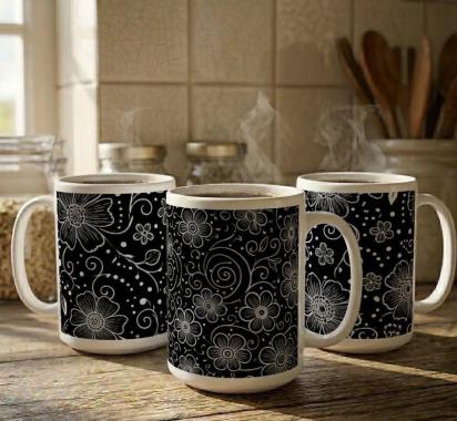 Set of Big Mugs, Floral Cup Set, Large 15 oz Matching Cups