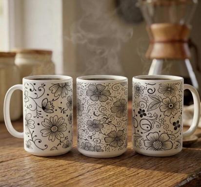 Set of Big Mugs, Floral Cup Set, Large 15 oz Matching Cups