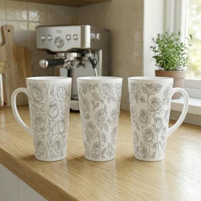 Set of 3 Cups, Floral, 17oz Latte Ceramic Mugs Set - Extra Tall Cup Set