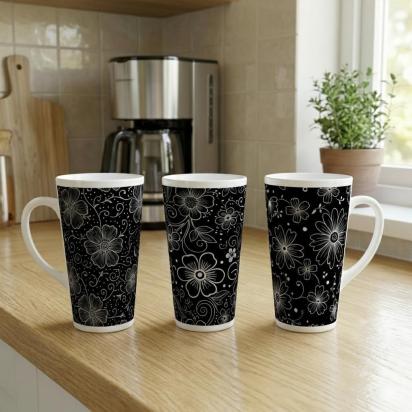 Set of 3 Cups, Floral, 17oz Latte Ceramic Mugs Set - Extra Tall Cup Set