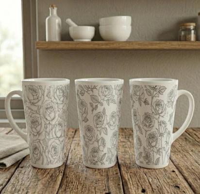 Set of 3 Cups, Floral, 17oz Latte Ceramic Mugs Set - Extra Tall Cup Set