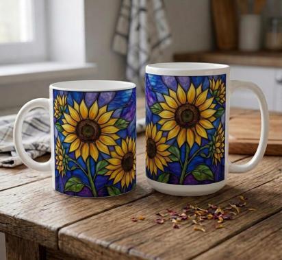 Sunflower Cups Set -  Large and Small Ceramic Mugs