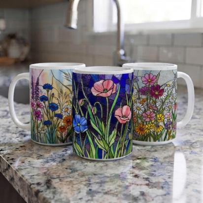 Set of Big Mugs, Floral Cup Set, Large 15 oz Matching Cups