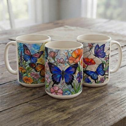 Set of Big Mugs, Butterfly Cup Set, Large 15 oz Matching Cups