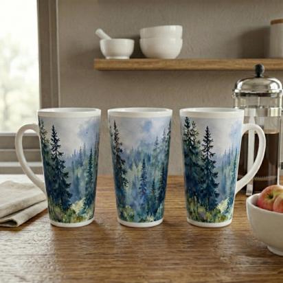 Set of 4 Cups, Forest, Large 17oz Latte Ceramic Mugs - Extra Tall Cup Set