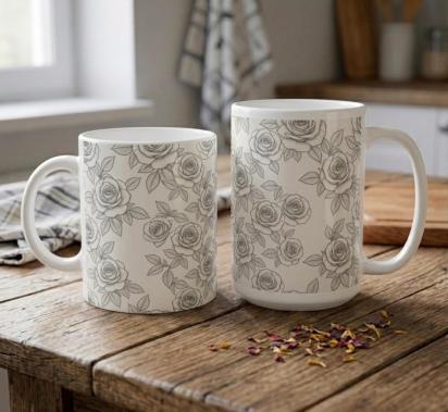 Roses, Floral Mugs, Large and Small Cup Set