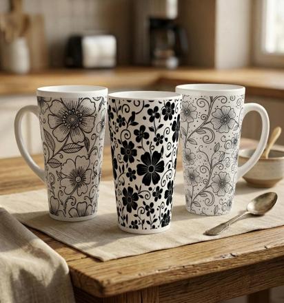 Set of 3 Cups, Floral, Large 17oz Latte Ceramic Mugs - Extra Tall Cup Set