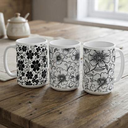 Set of Big Mugs, Floral Cup Set, Large 15 oz Matching Cups