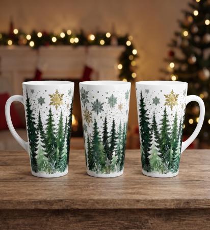 Set of 3 Cups, Christmas Trees, Large 17oz Latte Ceramic Mugs