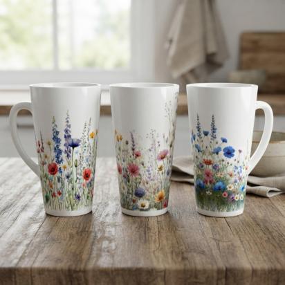 Set of 3 Cups, Floral, Large 17oz Latte Ceramic Mugs - Extra Tall Cup Set