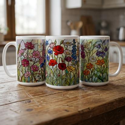 Set of Big Mugs, Floral Cup Set, Large 15 oz Matching Cups