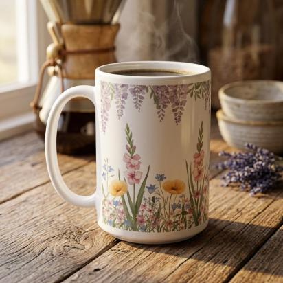 Large and Small Mugs - Floral - 11oz and 15oz Ceramic Cup Set