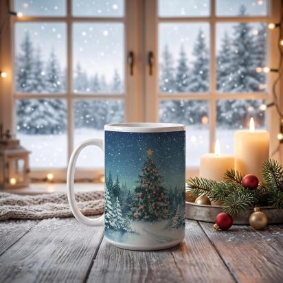 Festive Christmas Mug, Large Cup, 15oz and 11oz Ceramic Mug Set, Christmas Tree