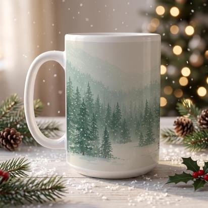 Christmas Mugs - Winter Forest Cups Set -  Large and Small Ceramic Mugs