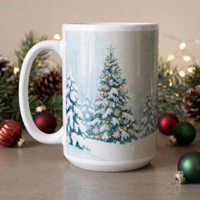 Christmas Mugs - Winter Forest Cups Set -  Large and Small Ceramic Mugs