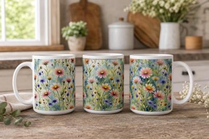 Set of Big Mugs, Floral Cup Set, Large 15 oz Matching Cups
