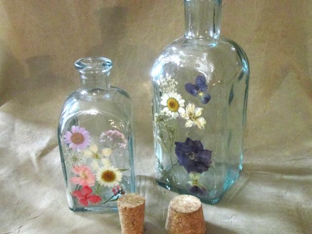 Floral Bottles, Large  Cork Jars - 8oz and 17oz - Glass Bottles with Epoxy, Flowers in Resin