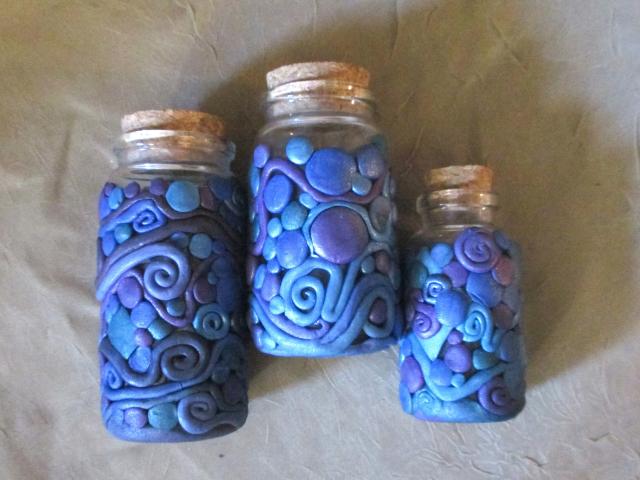 Decorated Jar with Cork - Handmade Small Jars - Polymer Clay on Glass Jars