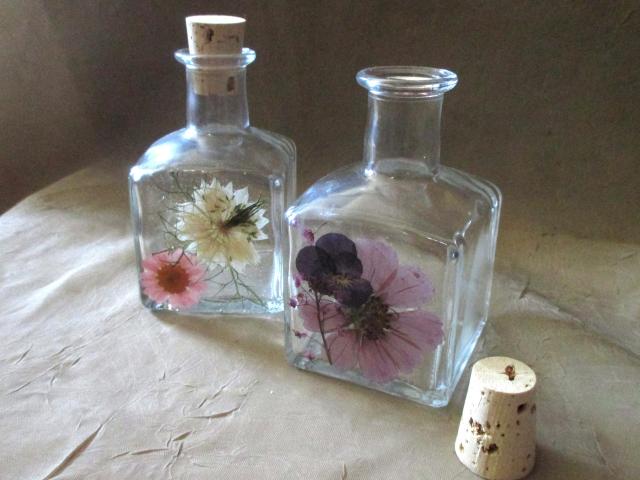 Small Floral Cork Bottle, Decorative Bottle - 5oz - Glass Bottle with Dried Flowers embedded in Resin