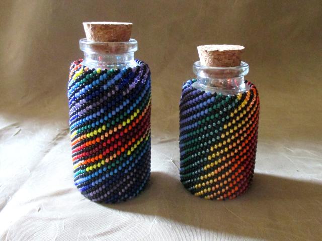 Beaded Jar with Cork - Handmade Bead Wrapped Glass Jar - Rainbow