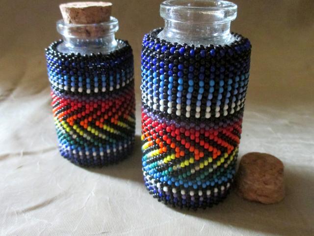 Beaded Jar with Cork - Handmade Bead Wrapped Glass Jar - Rainbow