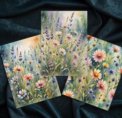Set of 3 Watercolor Floral Greeting Cards, Blank Inside (5x7 inch)